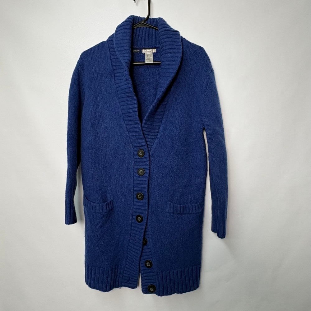 GAP Womens XL Blue 100% Lambswool Shawl Collar Long Cardigan Sweater